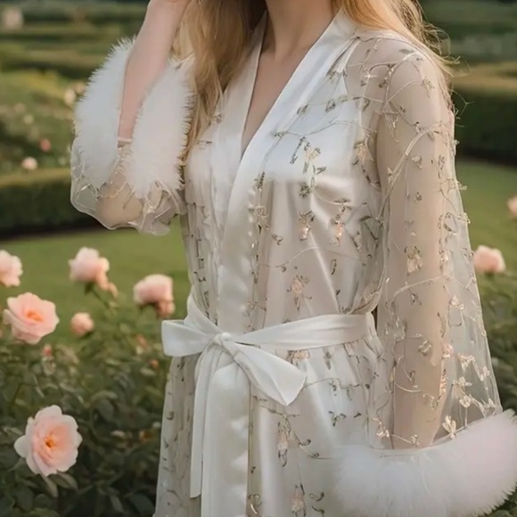 Peignoir Set ~Ivory Satin Slip Nightgown &‎ Sheer Embroidered Roses Belted Robe - Picture 6 of 14